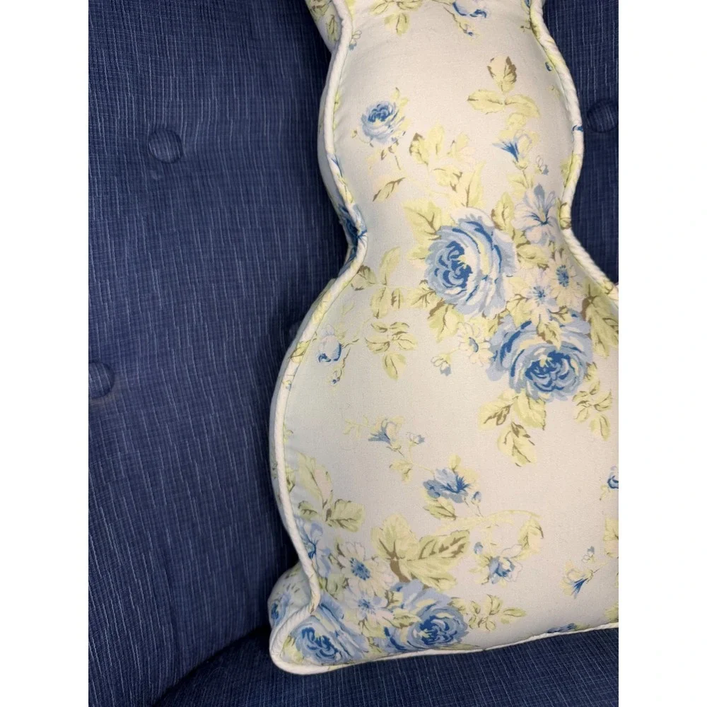 Shabby Chic Bunny Shaped Decorative Pillow Blue‎ Yellow Floral Rose Pom Pom Tail